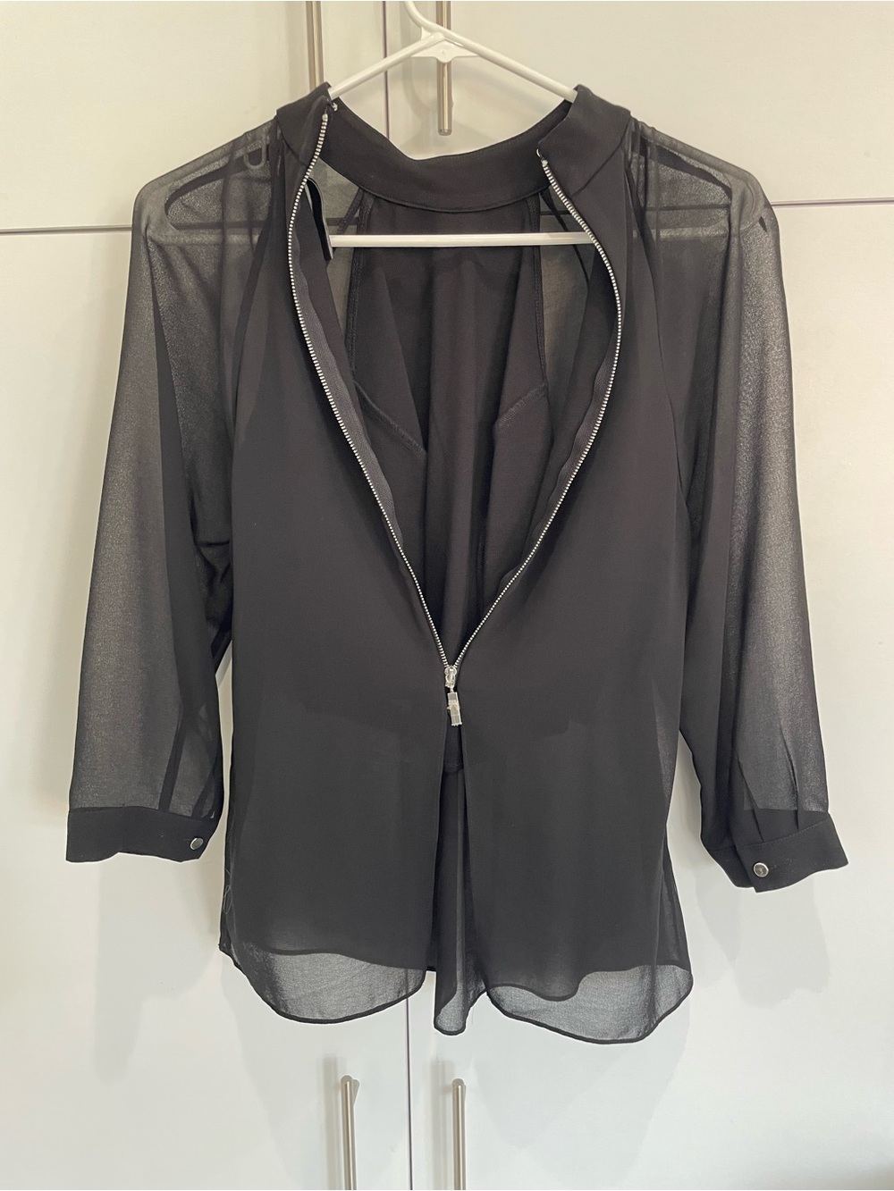 GUESS Sheer Black Blouse Attached Stretch Cami Layered Zipper Back Top Small